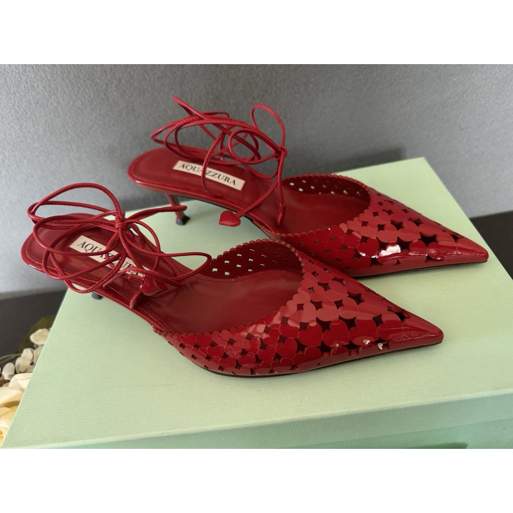 Aquazzura Amourose 50 Pump Lipstick Red Patent Leather Heart Cutout Heels 37 - Picture 2 of 9